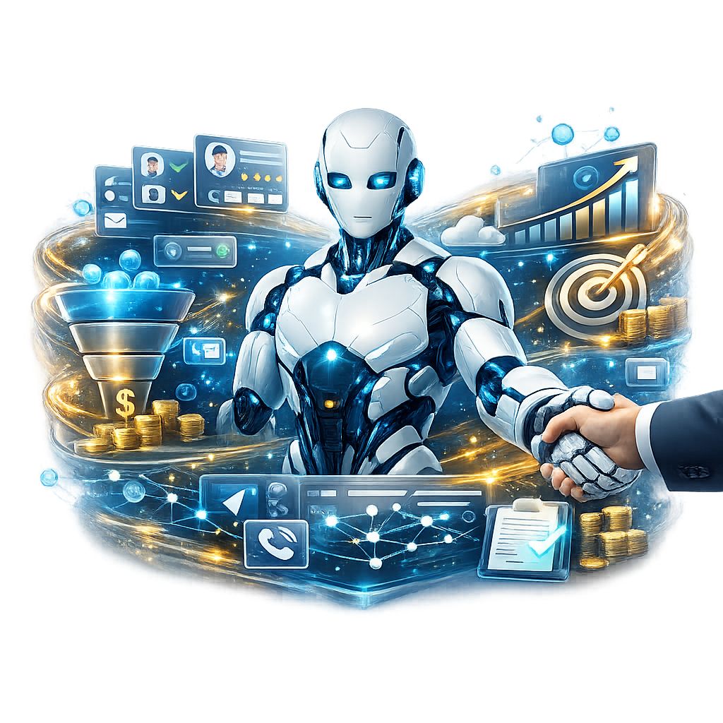 AI Sales Assistant PNG with transparent background featuring a futuristic AI robot managing sales automation, CRM workflows, lead generation, and business analytics.