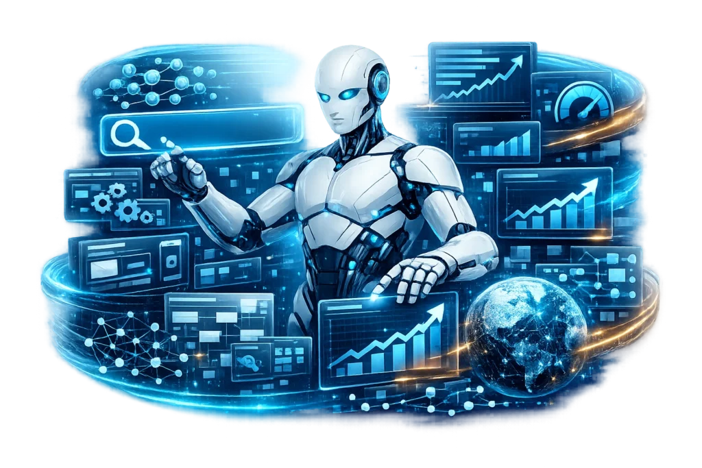 AI SEO Assistant PNG with transparent background featuring a futuristic AI robot performing keyword research, website optimization, and search analytics.