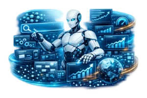 AI SEO Assistant PNG with transparent background featuring a futuristic AI robot performing keyword research, website optimization, and search analytics.