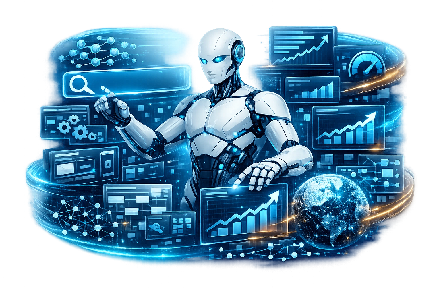 AI SEO Assistant PNG with transparent background featuring a futuristic AI robot performing keyword research, website optimization, and search analytics.