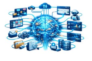 AI Workflow Automation transparent PNG illustration with futuristic AI brain connected to business automation workflow icons.
