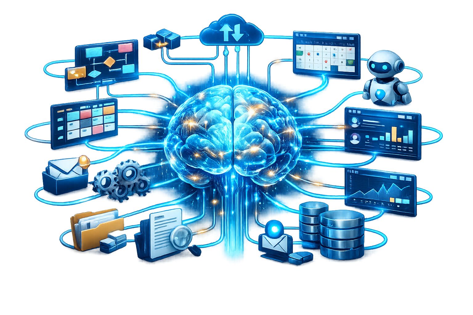 AI Workflow Automation transparent PNG illustration with futuristic AI brain connected to business automation workflow icons.