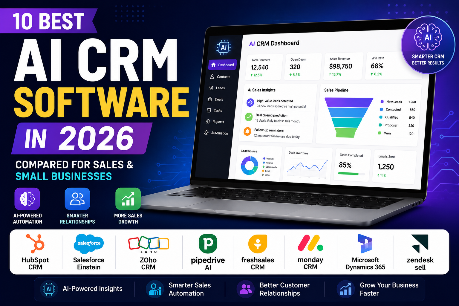 Best AI CRM software comparison showing AI-powered CRM platforms including HubSpot CRM, Salesforce Einstein, Zoho CRM, Pipedrive AI, Freshsales, Monday CRM, Microsoft Dynamics 365, and Zendesk Sell in 2026
