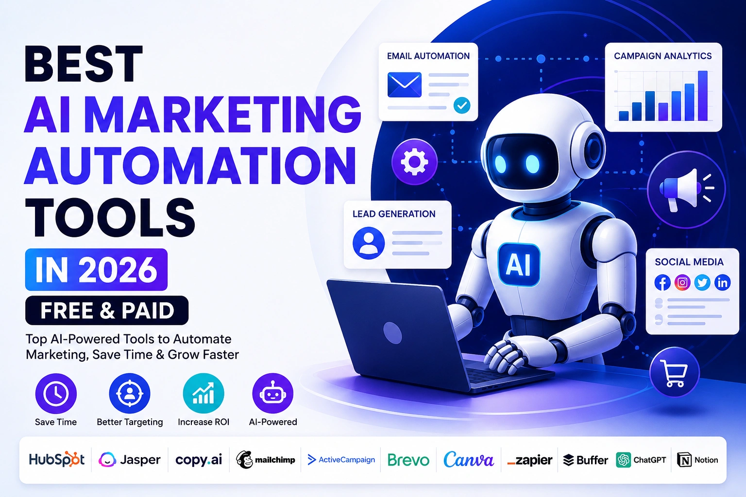 Best AI marketing automation tools in 2026 featuring AI-powered software for email marketing, social media, content creation, CRM, and workflow automation.