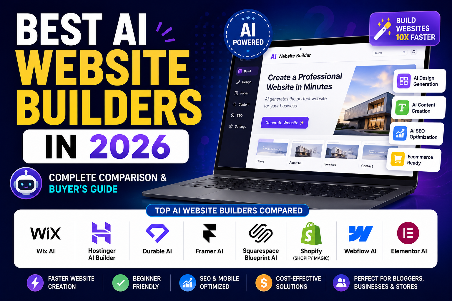 Best AI Website Builders comparison showing AI-powered website creation tools including Wix AI, Hostinger AI Website Builder, Durable AI, Framer AI, Squarespace Blueprint AI, Shopify Magic, Webflow AI, and Elementor AI in 2026