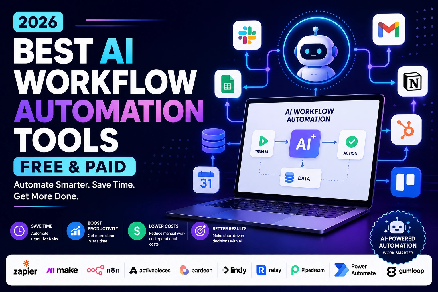 Best AI Workflow Automation Tools compared on a laptop screen showing workflow diagrams