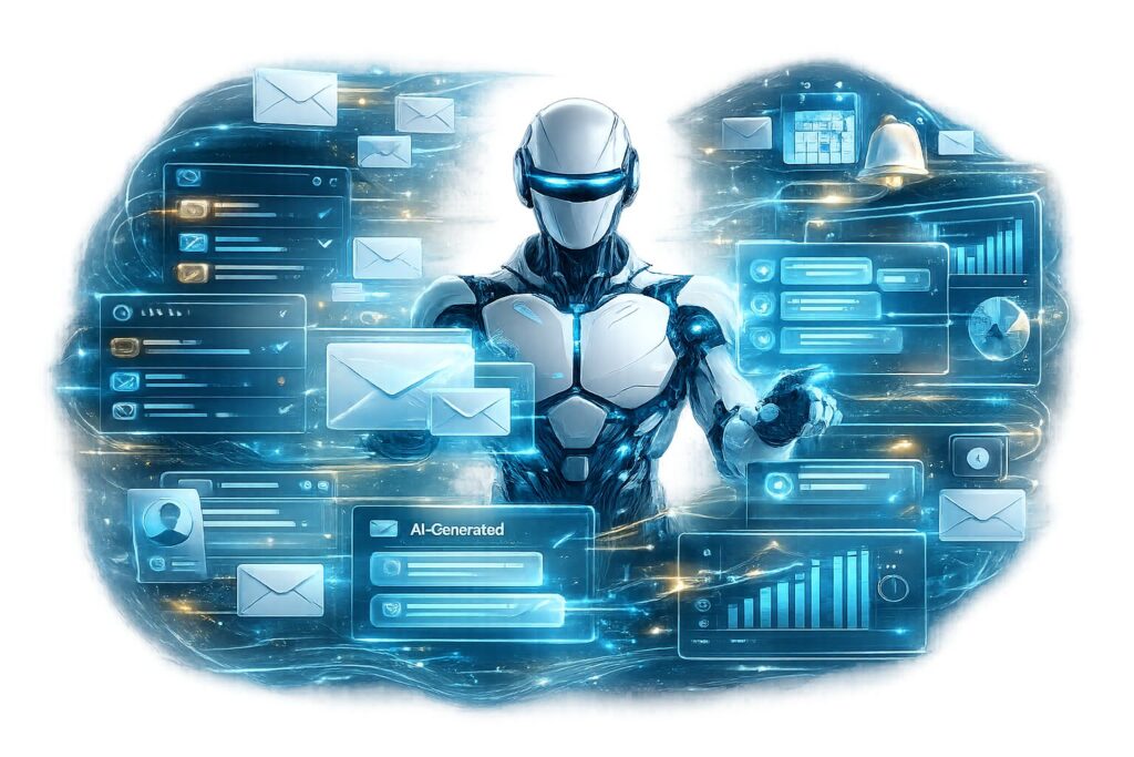 AI Email Assistant transparent PNG illustration featuring a futuristic AI managing smart inbox organization, intelligent replies, workflow automation, and productivity dashboards.