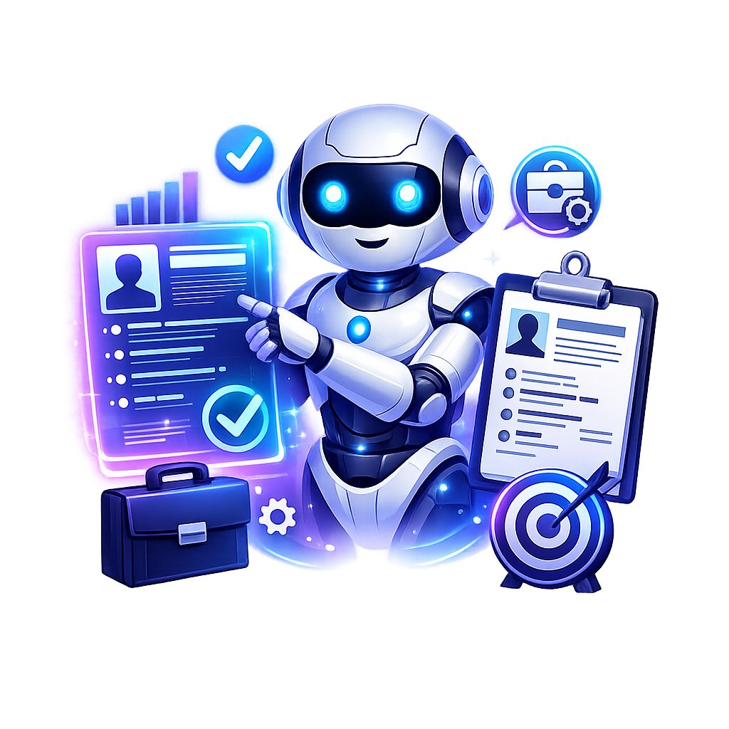 AI Resume Builder PNG illustration featuring a futuristic AI career assistant creating a professional resume with a transparent background.