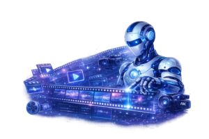 AI Video Generator PNG featuring a futuristic AI robot creating holographic video content with a transparent background