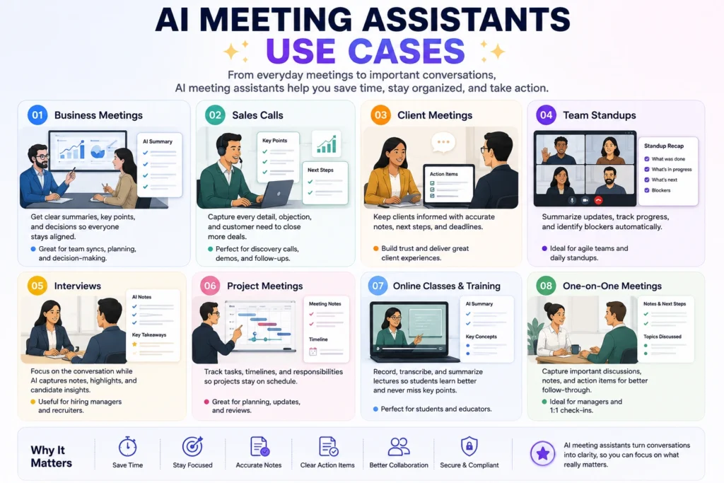 AI meeting assistant use cases for business, sales, client meetings, interviews, and team collaboration