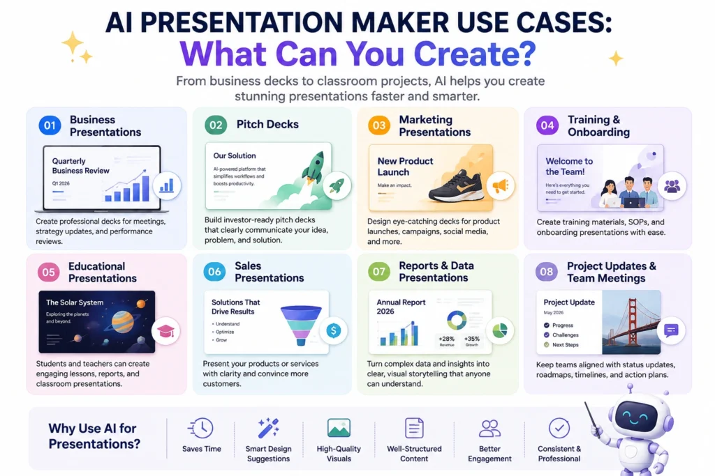AI presentation maker use cases for business, marketing, education, sales, and team meetings