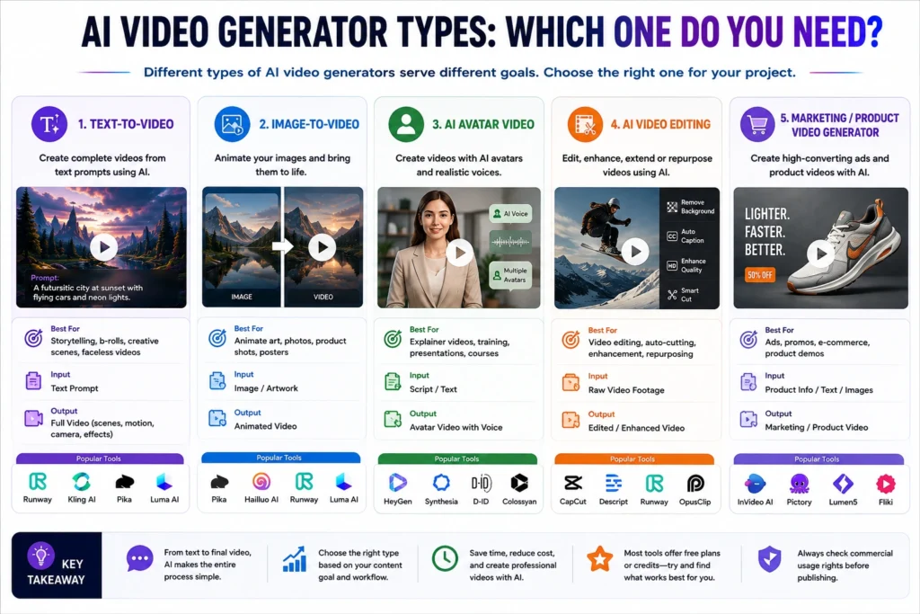 Types of AI video generators including text-to-video, image-to-video, avatars, editing, and marketing