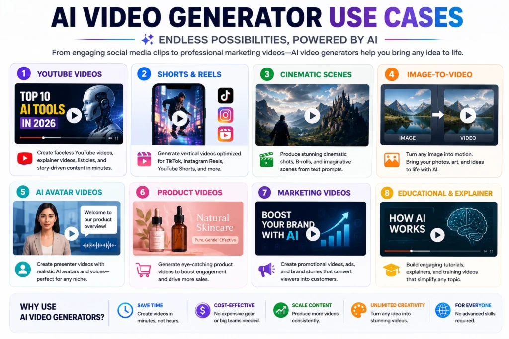 AI video generator use cases for YouTube, marketing, education, and social media