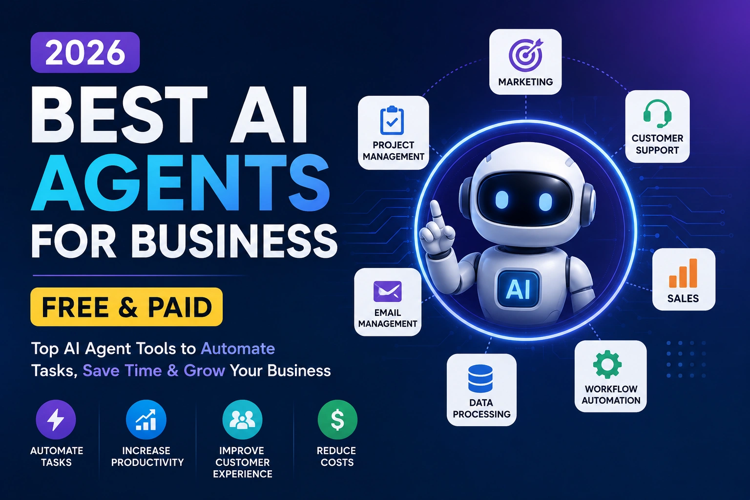 Illustration of AI agents automating business tasks like email, CRM, and customer support