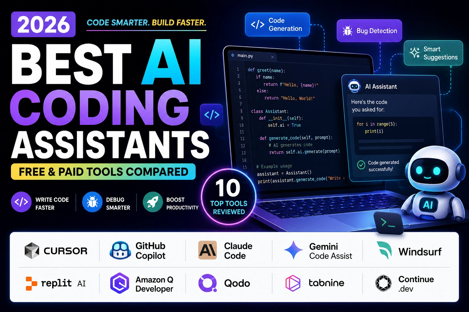 Best AI Coding Assistants in 2026 comparison graphic showing top AI coding tools