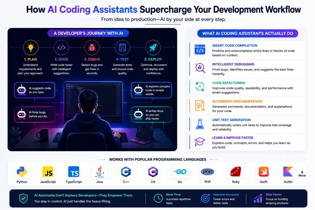 How AI coding assistants improve the software development workflow with code completion, debugging, testing, and documentation in 2026