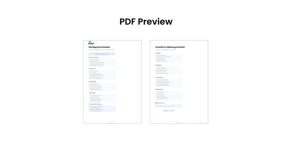 Preview of SEO Blog Post Checklist showing both PDF pages