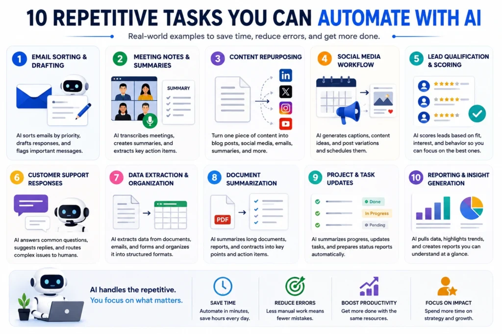 10 repetitive tasks you can automate with AI including email, meetings, content, data, and reporting