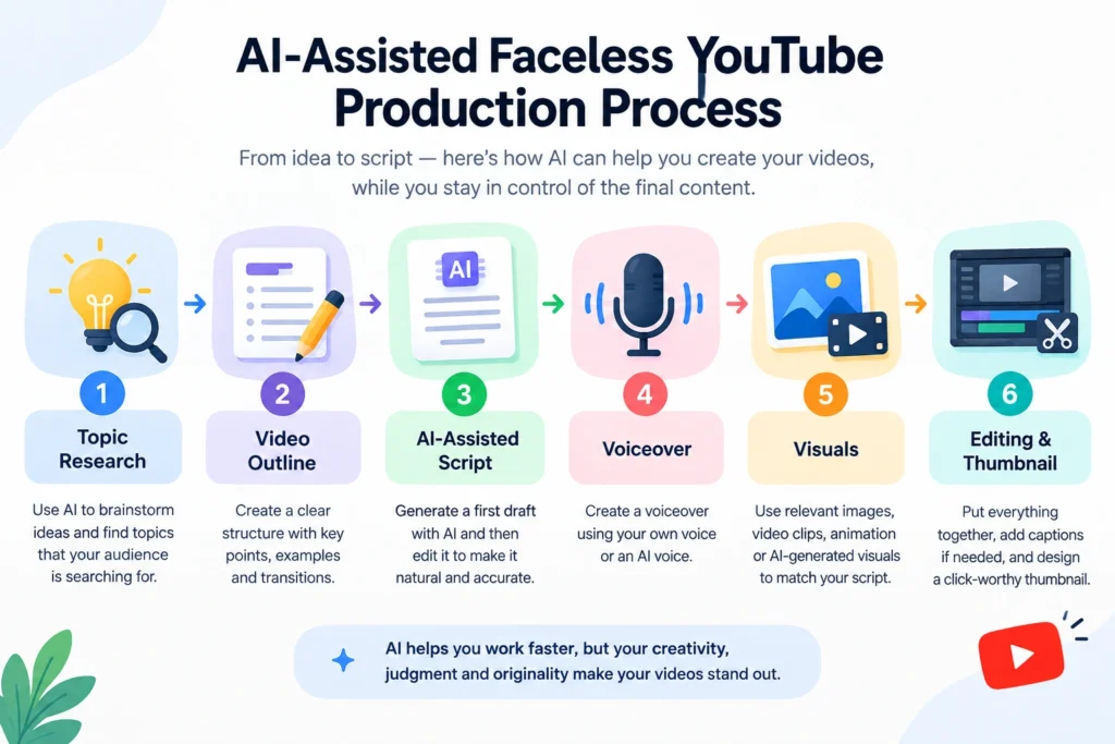 AI-assisted faceless YouTube production process from topic research and script creation to voiceover visuals editing and thumbnail design