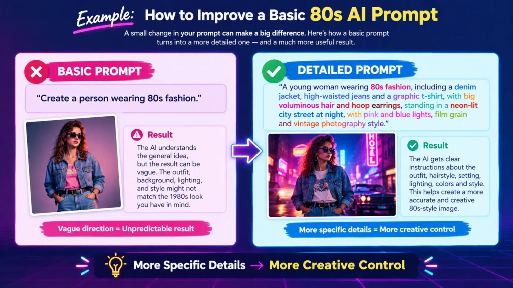 Basic vs detailed 80s AI photo prompt showing how specific prompt details improve creative control