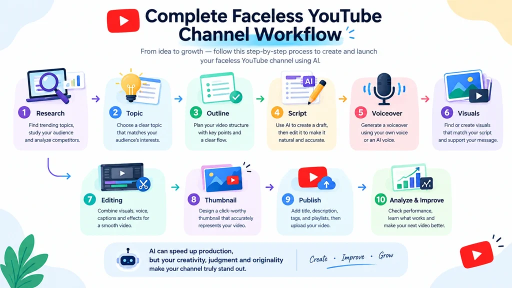 Complete faceless YouTube channel workflow using AI from research and topic selection to publishing and performance analysis