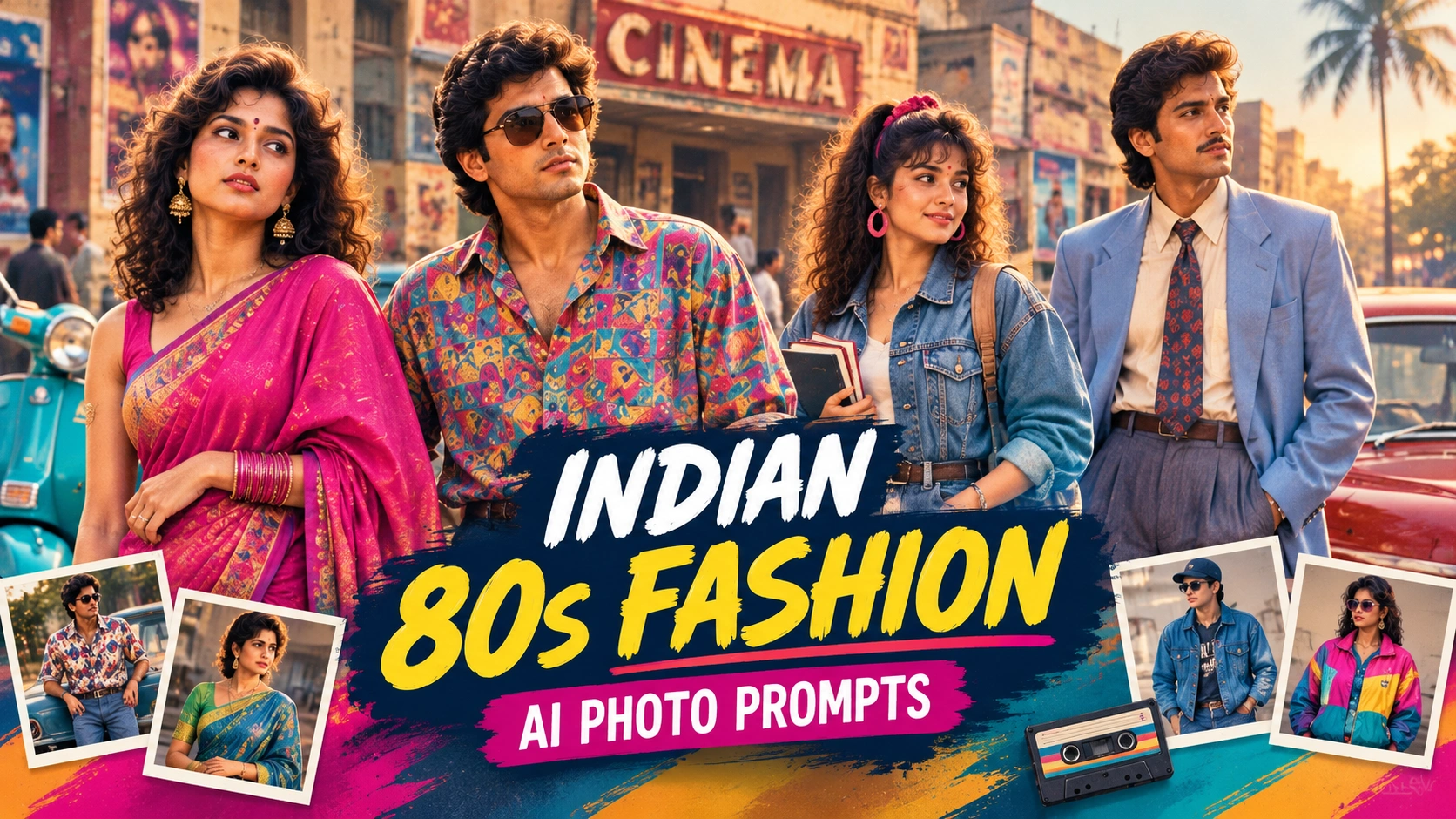 Indian 80s fashion AI photo prompts featuring retro sarees, printed shirts, denim and Bollywood-inspired styles